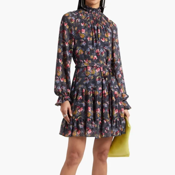 Cinq A Sept Daija Tiered Floral-print Chiffon Mini Dress In Charcoal Size 2 - Picture 9 of 9